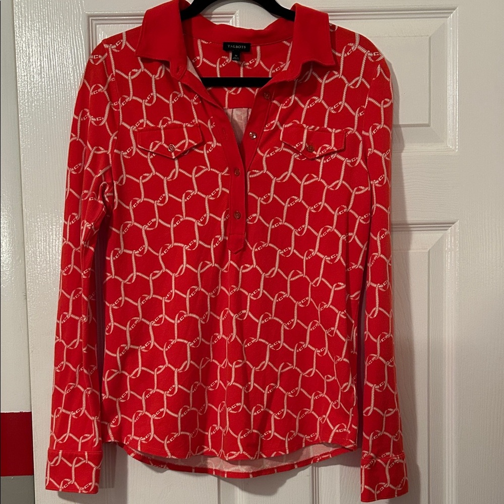 Talbots Red Rope-Link Print Long Sleeve Button-Down Shirt